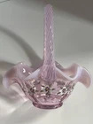 Fenton Pink Glass Basket Hand Painted Signed J Juryman 2008 Ruffled Edge
