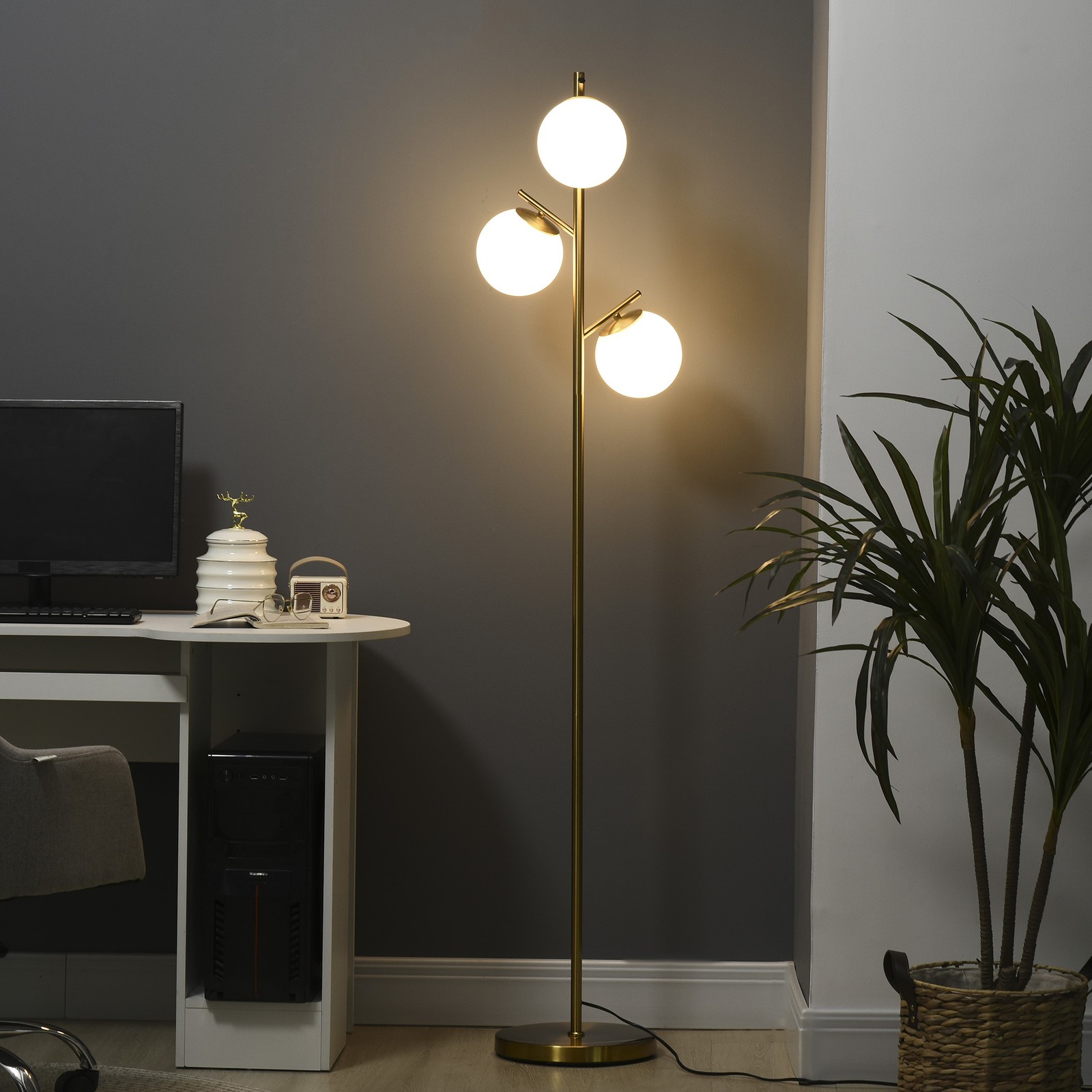 Lampada da Terra HOMCOM con 3 Punti Luce in Oro