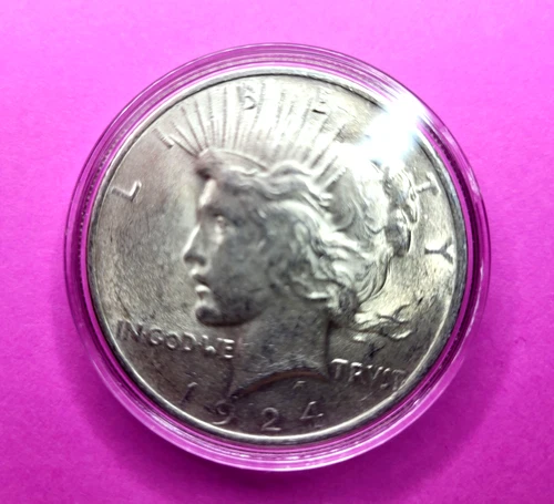 1924-P Peace Silver Dollar - # 2 - 90 % Pure Silver- X-Fine - AU/BU - In Capsule