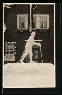 A Cross Country Skier in Front of a House, Snow Plastic, Postcard 1931 