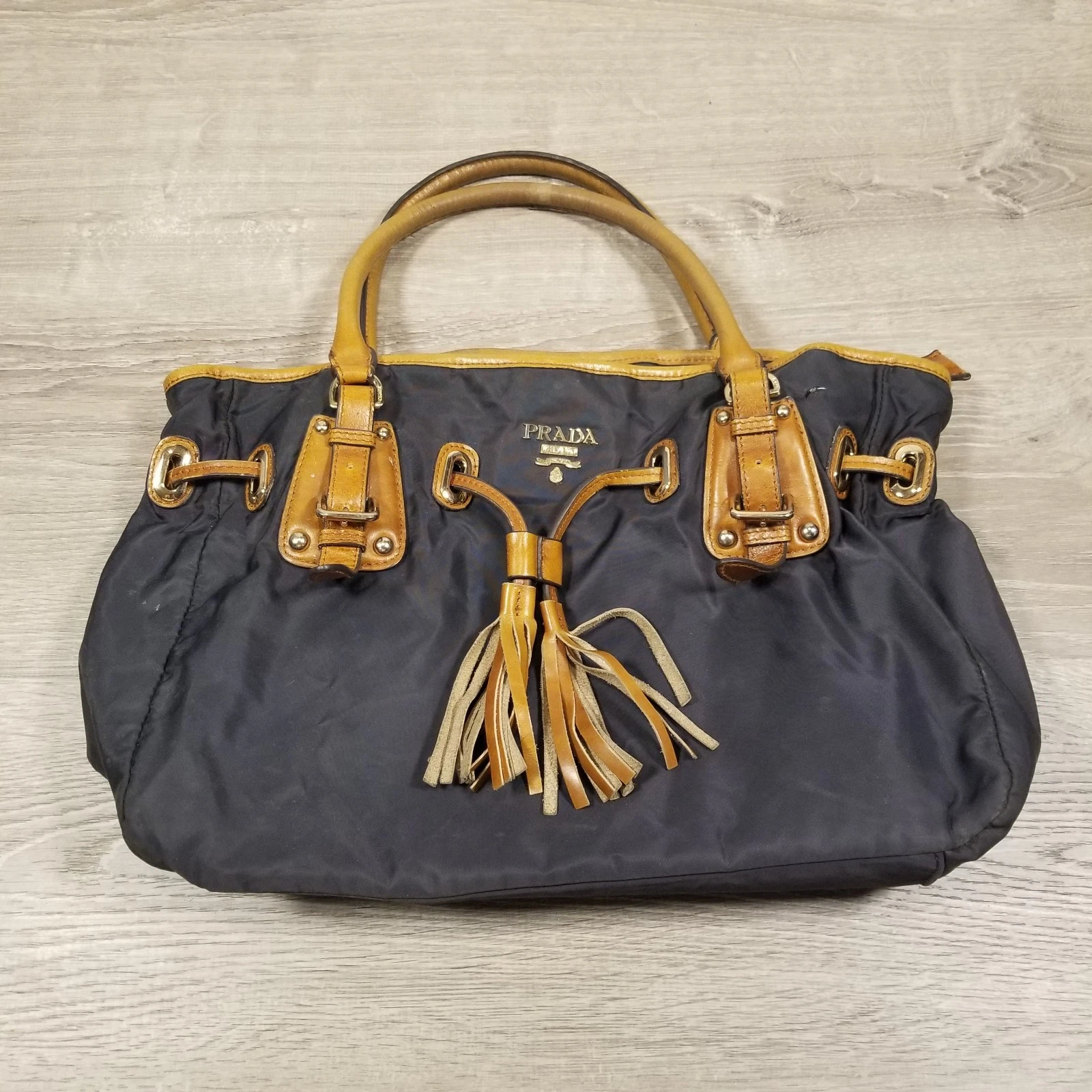 VTG Prada Tessuto Nylon Nappa Leather Trim Handbag Navy Blue Brown Tassle Buckle