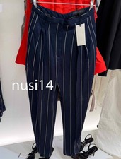 ZARA NEW WOMAN MID-RISE ZW COLL STRIPED LINEN PANTS NAVY BLUE XS-L 1917/799/401