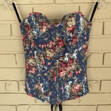 Floral Denim Lace Up Bustier Corset Romantic Cottagecore Coachella Western Sz S