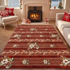 Christmas Red Living Room Rug 5x7ft, Washable Xmas Poinsettia Bedroom Area Ru...
