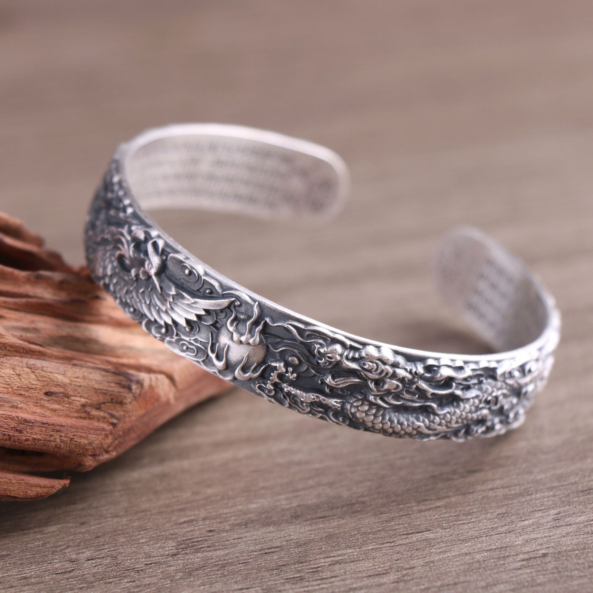 Pure S999 Sterling Silver Vintage Dragon Phoenix Bracelet Bangle