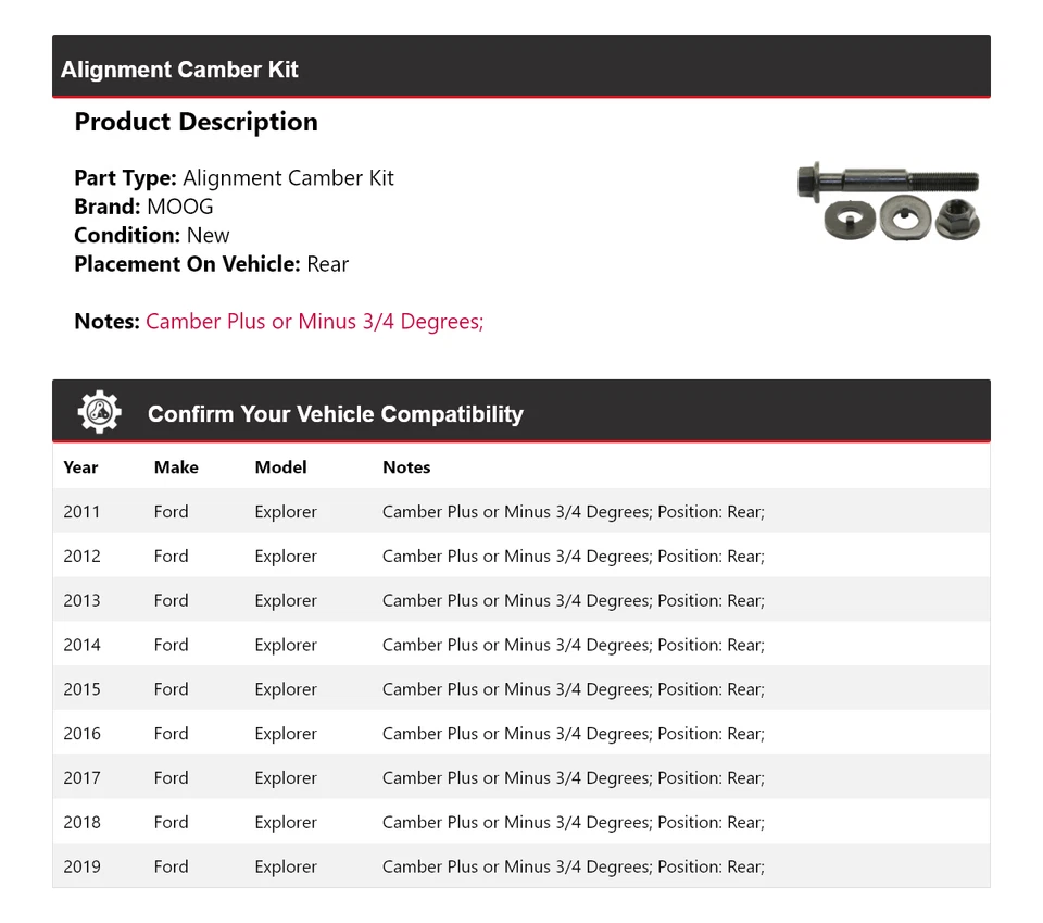 Kit de cambagem de alinhamento traseiro MOOG 2011 2012 2013 2014 Ford Explorer 2011-2019 - Imagem 2 de 3