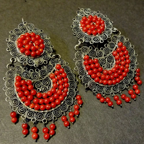 Spanish Style FEDERICO JIMENEZ Sterling Silver Filigree CORAL BEADS EARRINGS