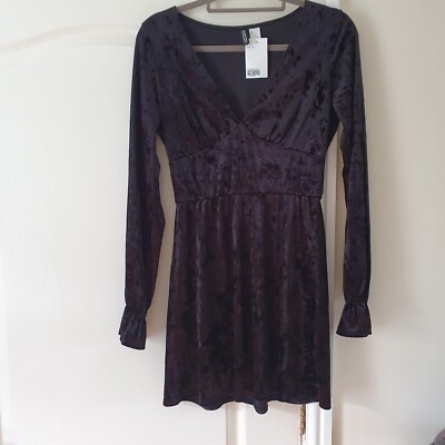 Divided H&M Women's Black Mini Dress Crushed Velvet Effect  36'' 10-12 Size UK S