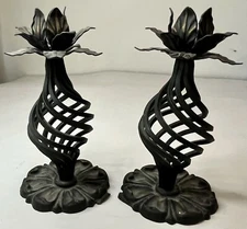 2 Forged Wrought Iron Black Candle Holders 6.5”- Flower w Basket Twist Brutalist