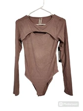 Mono B Ribbed Taupe Open Front Longsleeve Bodysuit Nwt Size Small