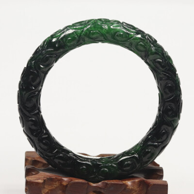 59mm Black Emerald Green Jadeite Jade Bangle Bracelet Hand-carved 09243