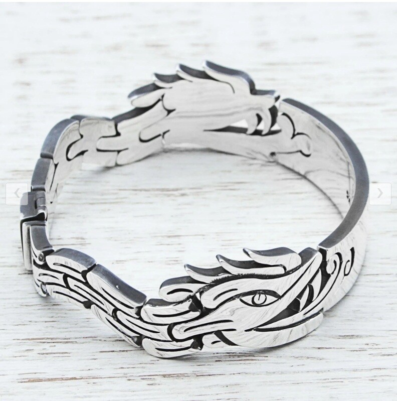 Awesome 925 Sterling Silver Men's Two Aztec Dragon Bangle Unique