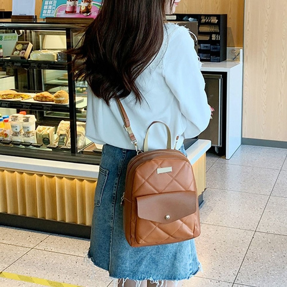Casual PU Leather Diamond Grids Backpack Shoulder Bags Rucksack School