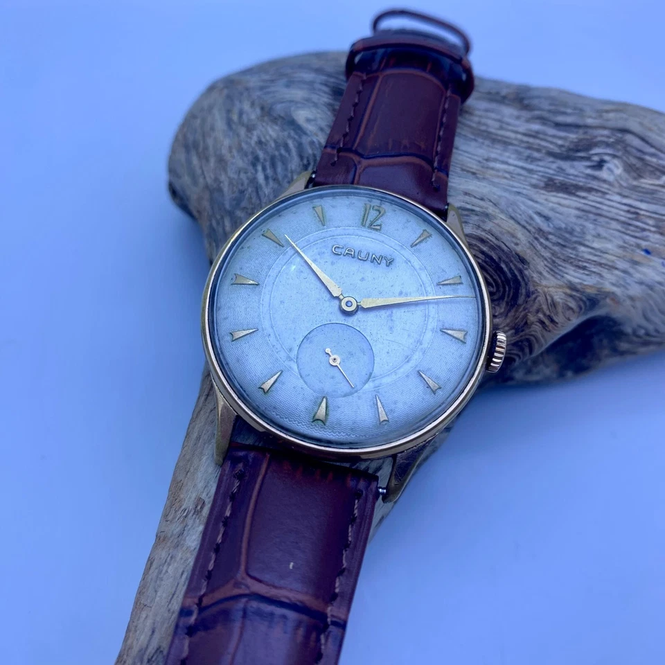 Reloj vintage años 50 CAUNY XL Jumbo para hombre cuerda manual enchapado en oro suizo nuevo de stock Foto 3 de 4