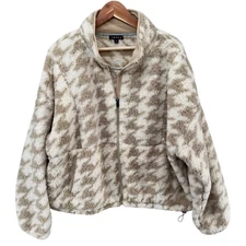Zelos Super Soft Fleece Jacket Womens Cream Tan Houndstooth Full Zip Size XL