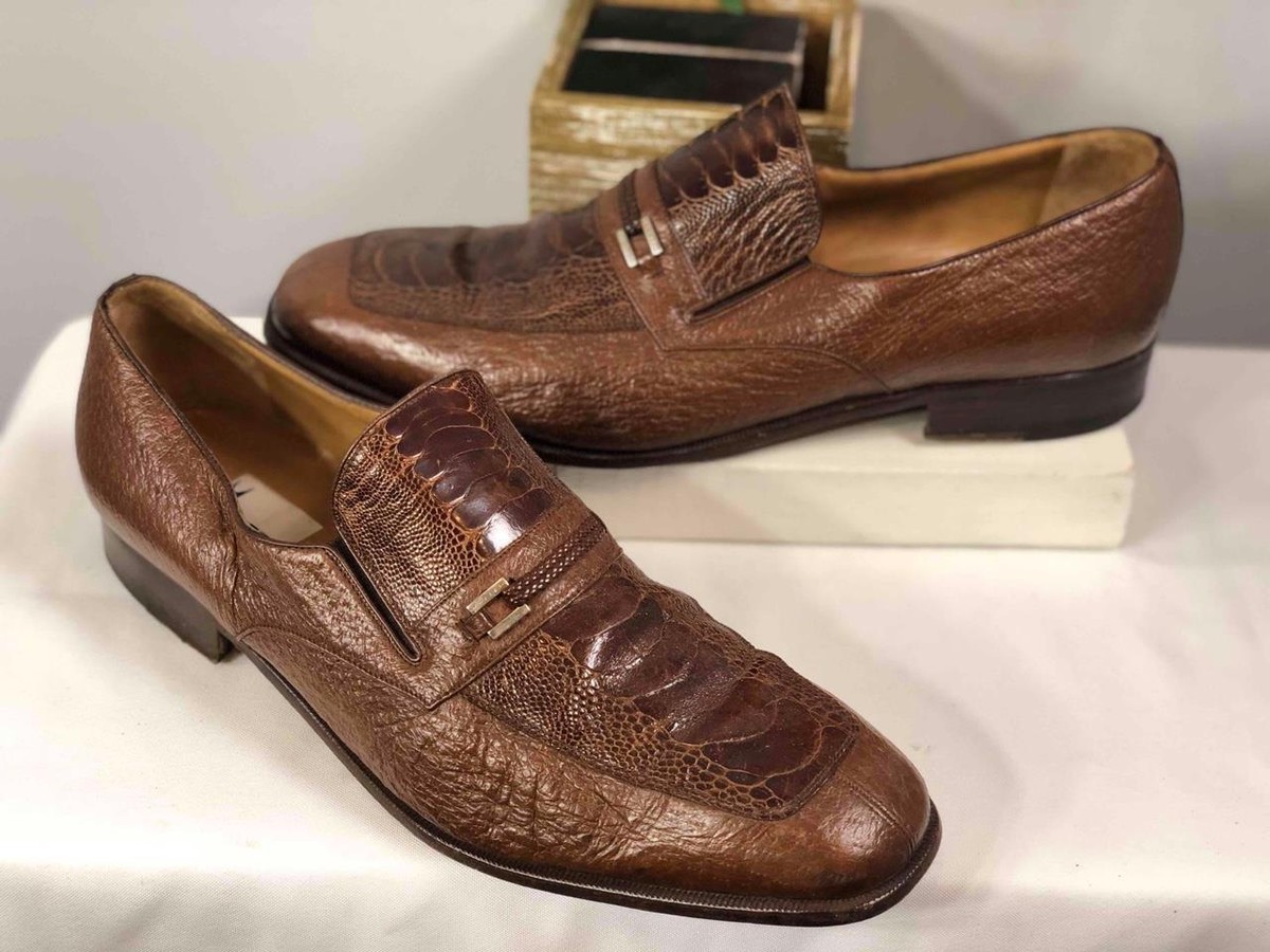 MORESCHI Italy Brown Leather Ostrich Prints Slip On Oxford MORESCHI Italy Brown Leather Ostrich Prints Slip On Oxford