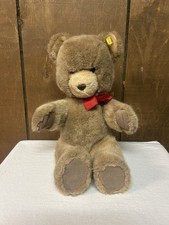 Vintage Steiff Sitting Brown Teddy Bear Original Ear Button Red Bow