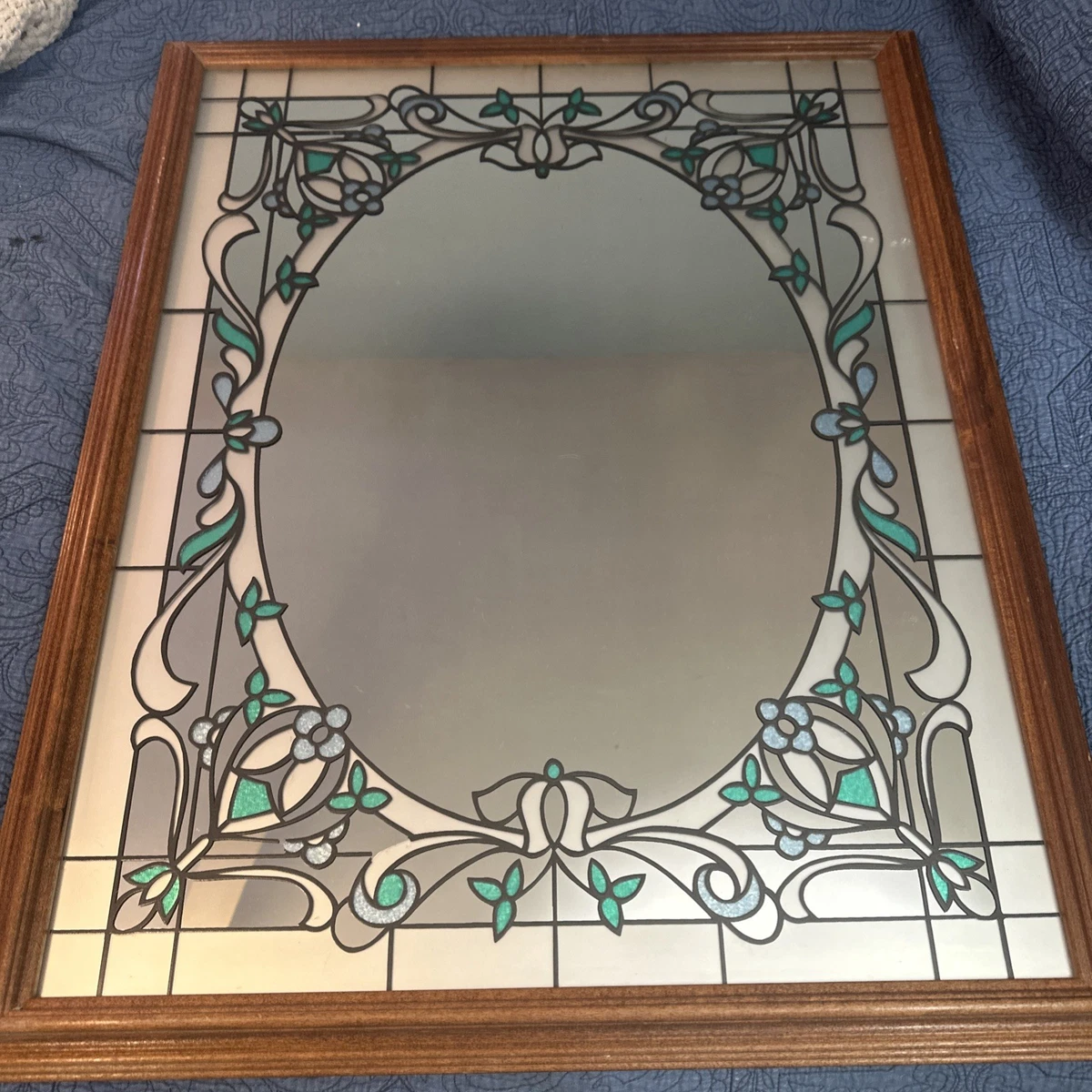 Windsor Art Marsel Wood Framed Wall Etched Mirror Faux Stained Glass MCM Vintage