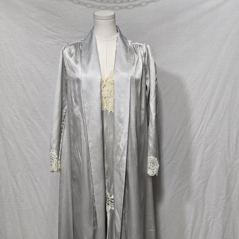 复古 Christian Dior 内衣长袍懒人套装女式银色条纹蕾丝美国 80 年代 — 第 3/4 张图片