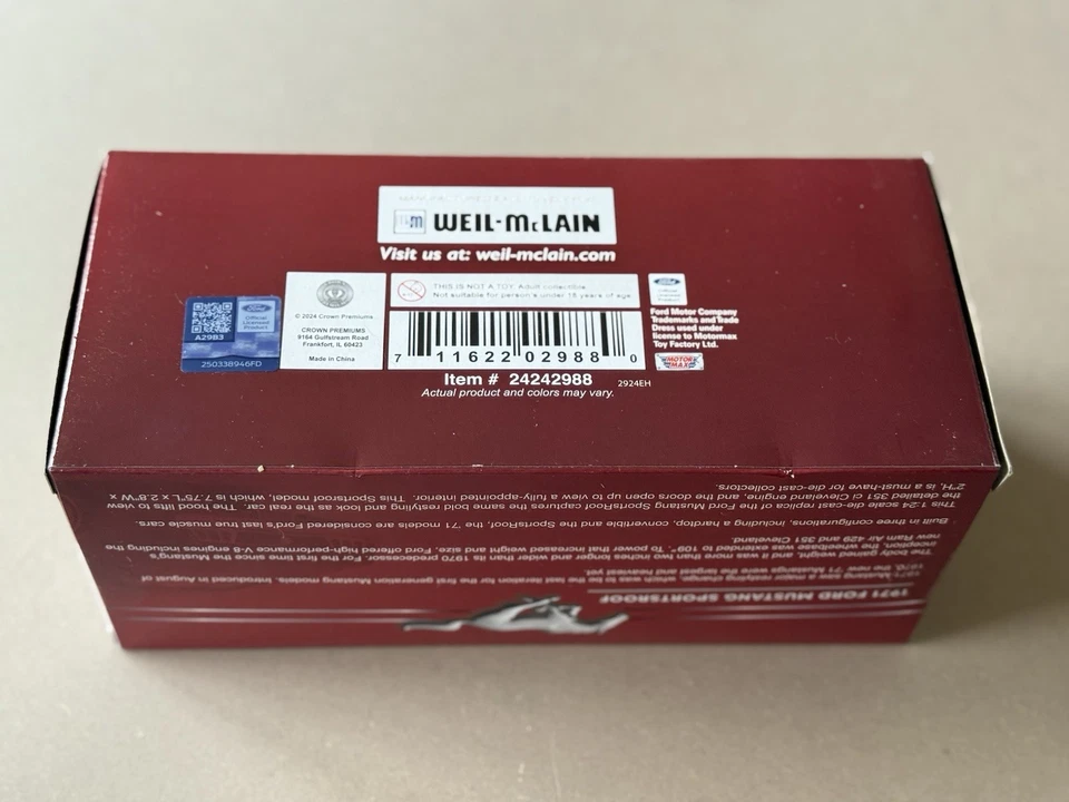 Crown Premium 1:24 1971 Mustang SportsRoof Die-Cast Weil-McLain New in Box - Image 3 of 4