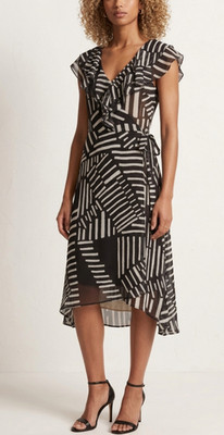 DKNY Wickel Midi Kleid UK 8 - S schwarz weiß Rüschen Bindeband Taille gemustert V-Ausschnitt
