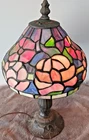 Vtg Tiffany Style Stained Glass Floral Accent Lamp 14" Jeweled Red Rose Peony!
