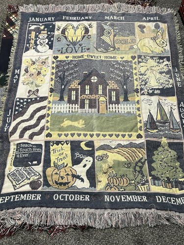 Vintage Home Sweet Home Patchwork Months 44" x 57" Woven Tapestry Throw Blanket