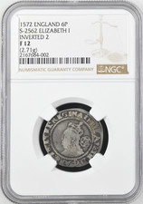 ENGLAND 1572 6 PENCE, INVERTED 2, S-2562, ELIZABETH I NGC F12 684002