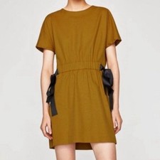 Zara Trafaluc Side Ribbon Tie Mini Dress Size Large Elastic Waist Zip Back Fall
