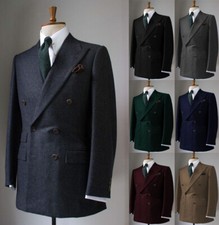 Wool Men's Suit Peak Lapel Double Breasted Tuxedos Bussiness Wedding Prom Blazer