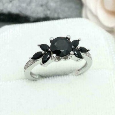 2 Ct Round Cut Black Diamond Simulated Engagement Ring In 14K White Gold Finish