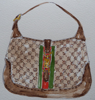 Original Pen & Tusche Aquarellmalerei einer Gucci GG Tasche Jackie 1961 Handtasche