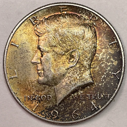 1964-D Rainbow Toning Kennedy Silver Half Dollar Uncirculated BU Coin #18500