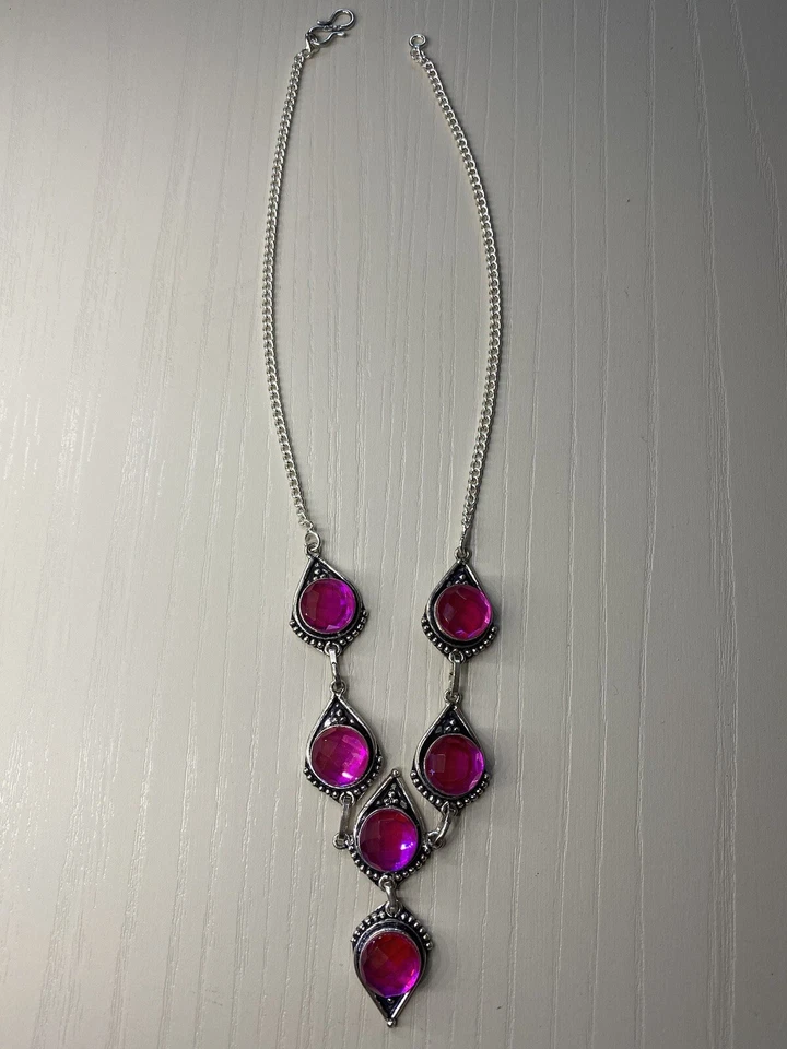 Argento 925 Collana Girocollo Cristallo Fucsia - Immagine 3 di 4