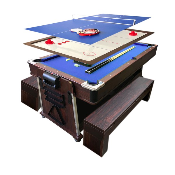 Mattew Blau Mit BäNken–4 In 1 Billardtisch 7Ft–Air Hockey–Tischtennis–Esstisch-image