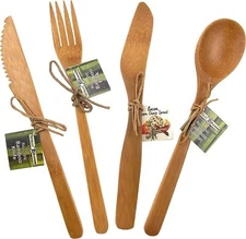 Bamboo Flatware Service for 4 100% Bamboo Reusable Cutlery Fork Knife Spoon 16pc