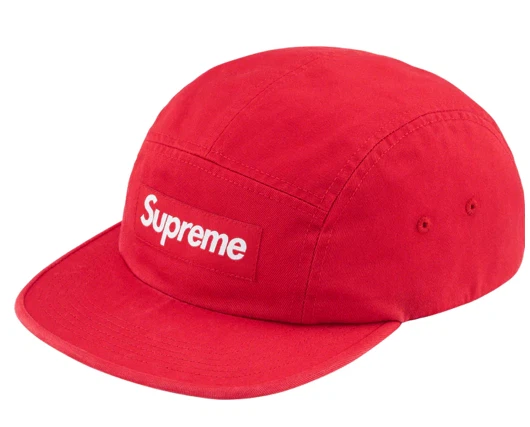 Casquette de camp sergé chinois lavé Supreme rouge (FW23) boîte logo patin logo chapeau