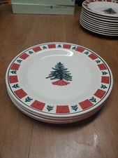 4 Folk Craft Stoneware HOLIDAY HOMECOMING Dinner Plates 10.5" Euc+ Bin 31 