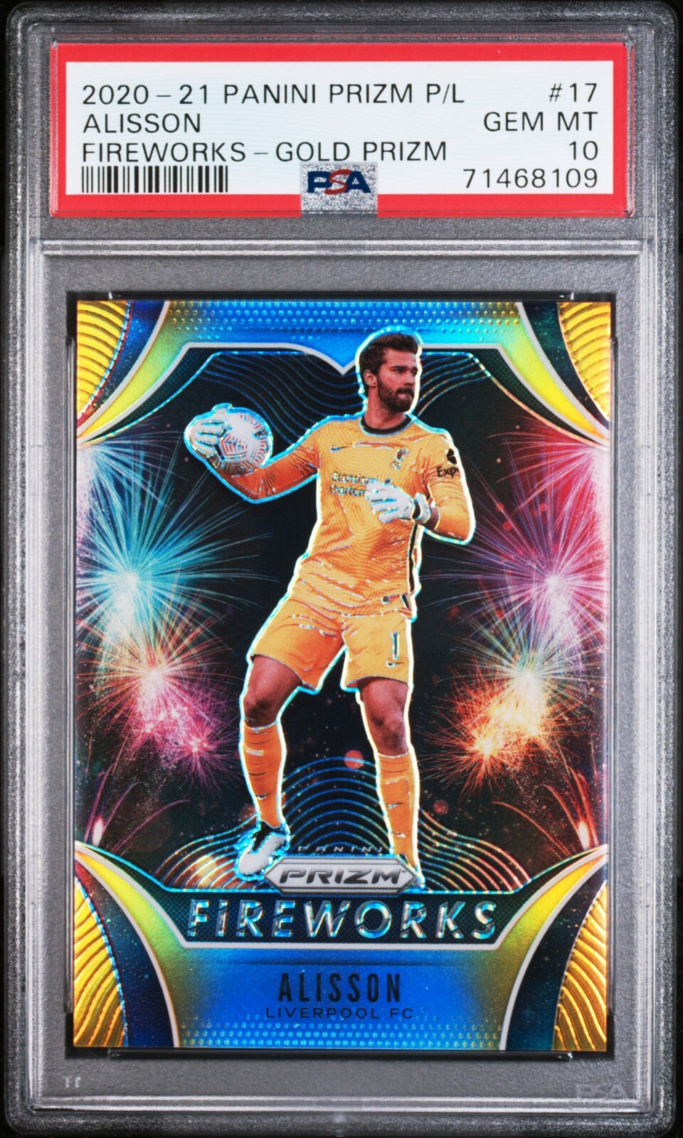 2020-21 Panini Prizm Premier League Alisson #17 PSA 10 Fireworks 09/10 GOLD