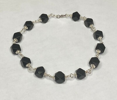 Sterling Silver Genuine 6mm Azabache Jet 8'' Bracelet