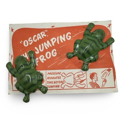 Rare Vintage 50s New Old Stock Oscar The Jumping Frog Tin Litho Toy Green Metal