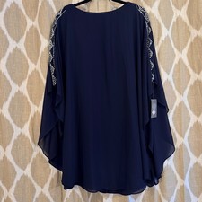 NWT Vince Camuto Navy Blue Embellished Flowy Cape Sleeve Dress Quiet Luxury 6