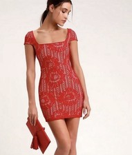 Lulus Lilian Red Lace Overlay Square Neck Mini Dress Cocktail Party Formal