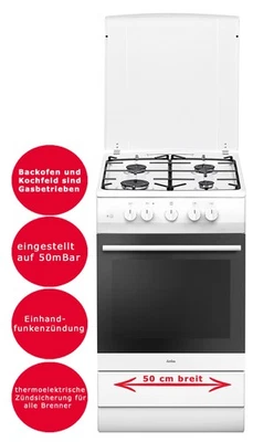 Amica Gas Standherd 50 cm Gasbackofen 50 mBar Gaskochfeld 4 Flamen weiß