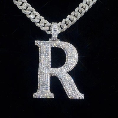 Real Moissanite Men's Personalize Custom Initial R Pendant 14k White Gold Plated