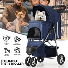 Blue Foldable Dog Stroller Small Medium Pet Travel Cage Carrier Cart w/Sunshade
