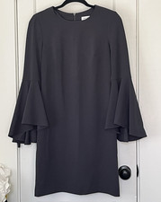 Calvin Klein Black Solid Shift Mini Dress 6 Round Neck Bell Sleeve Zip (G3)
