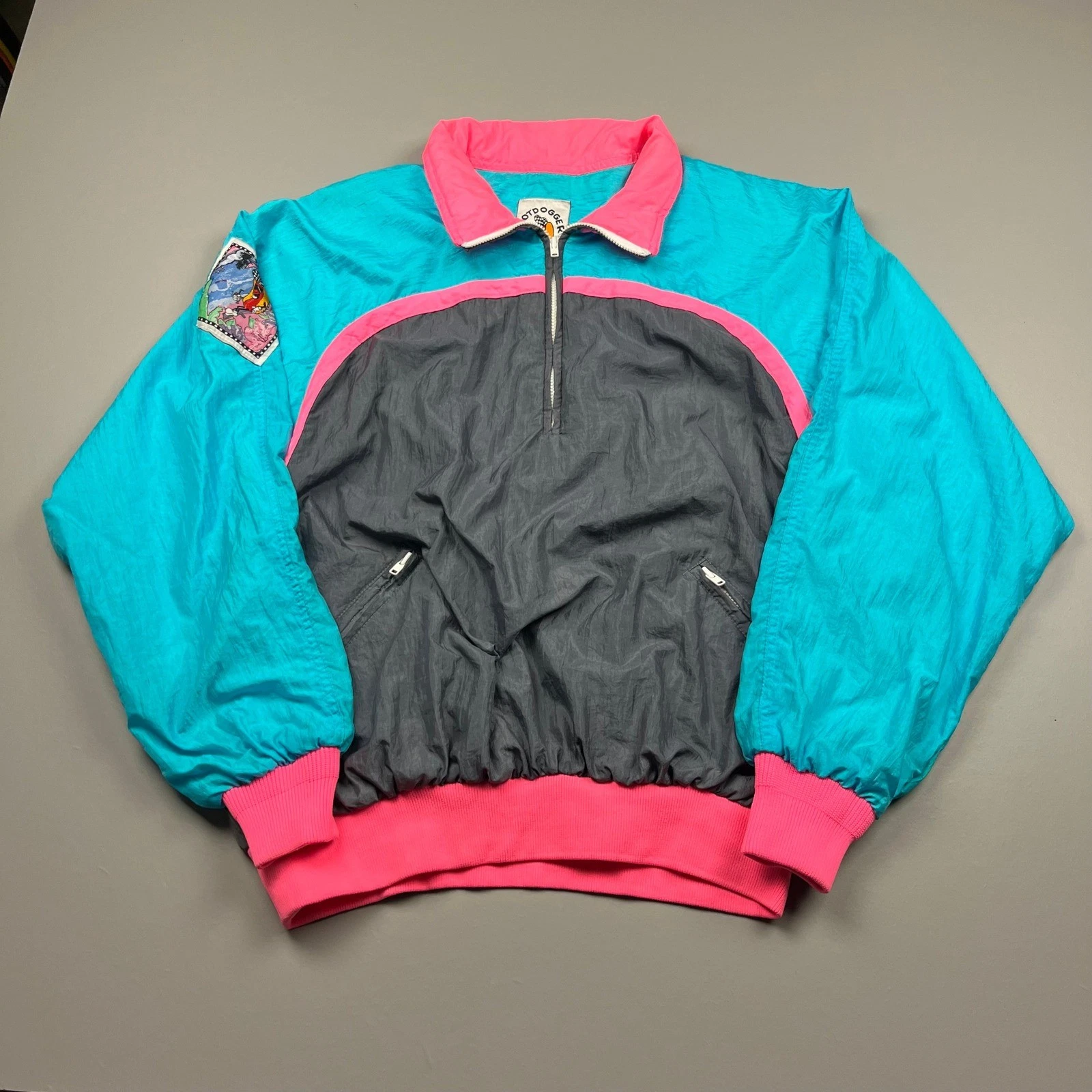 Hotdogger Windbreaker Pullover Mens XS Teal Pink Retro 80s Colorblock 1/4 Zip