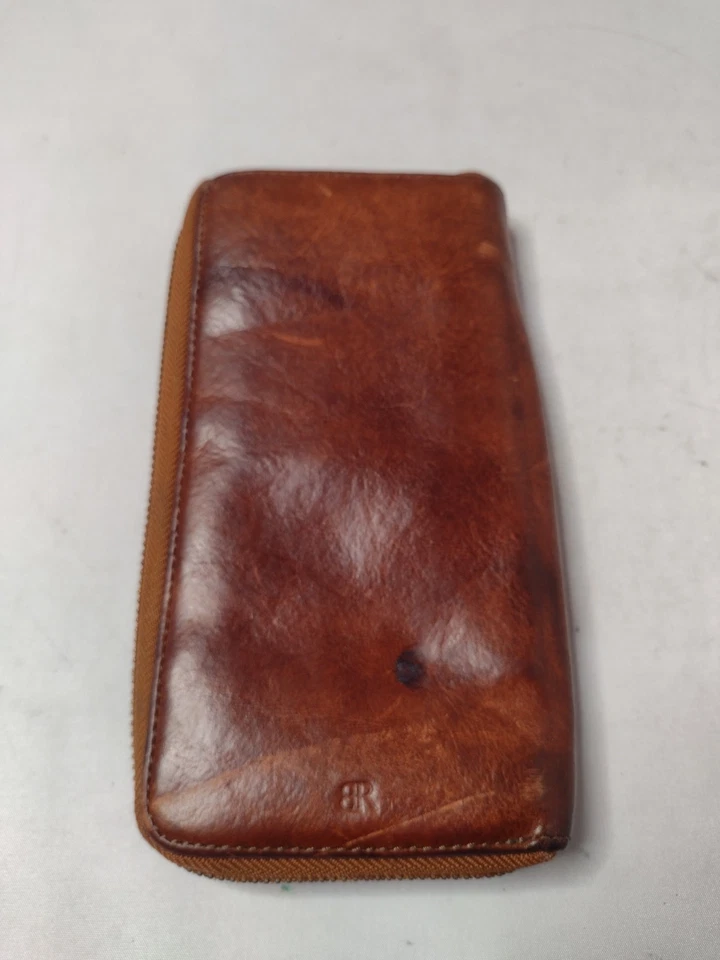 Cartera de cuero para mujer Banana Republic marrón con cremallera alrededor tarjeta envejecida A27 Foto 2 de 4