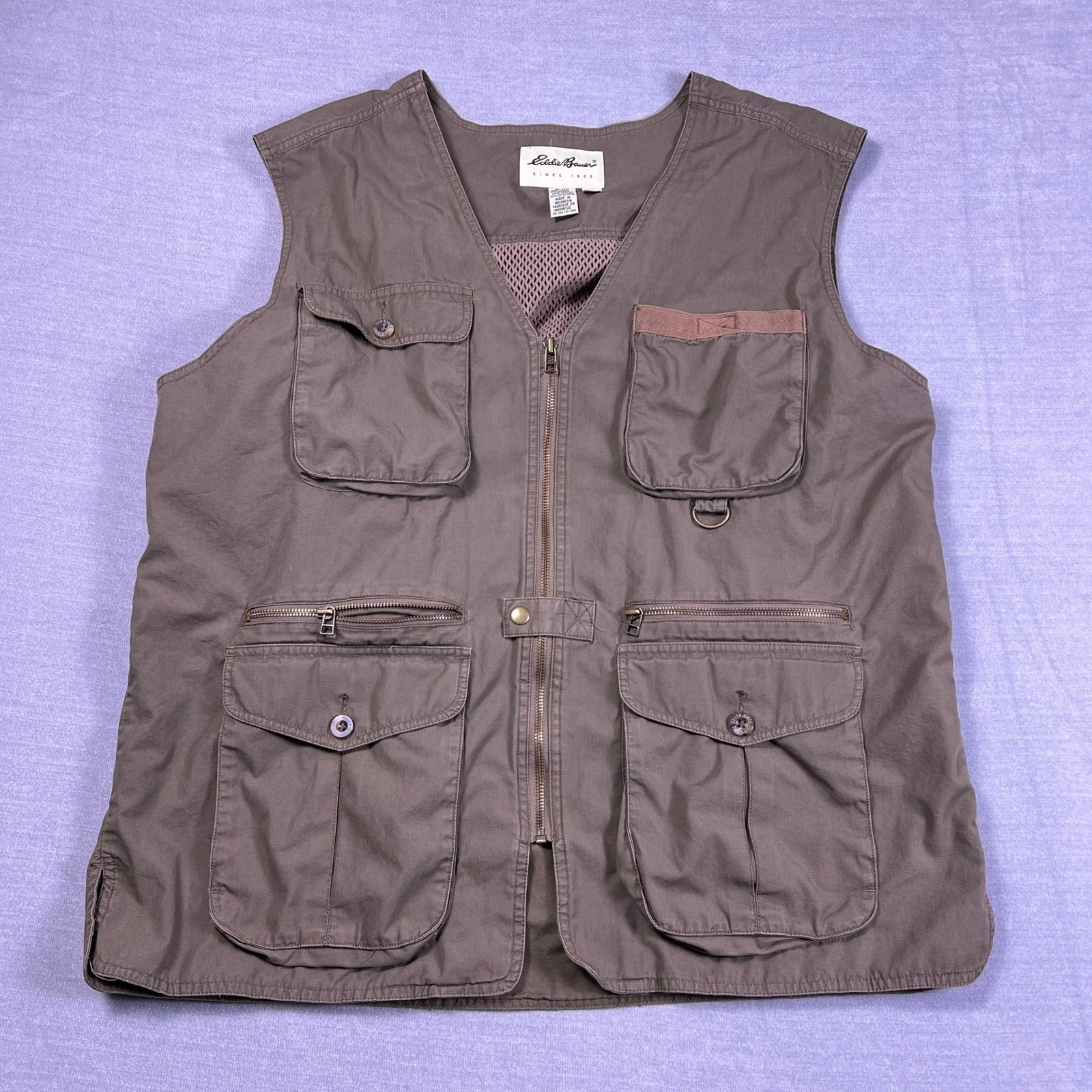 Eddie Bauer Mens XL Utility Fishing Vest Brown Cotton Multi-Pocket Mesh Lined